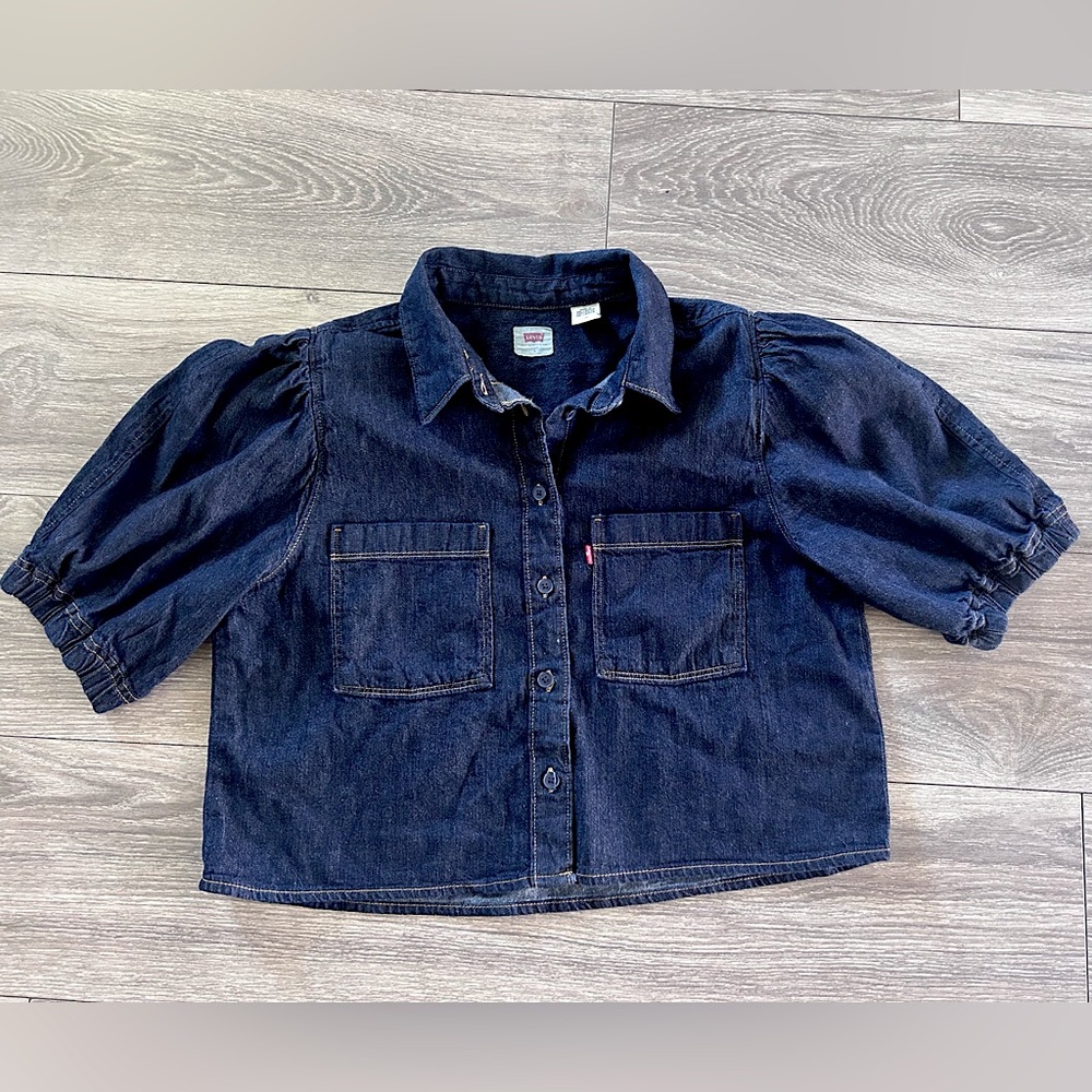 LEVIS Alice Dark Blue Denim Button Down Short Puff Sleeve Blouse Large
